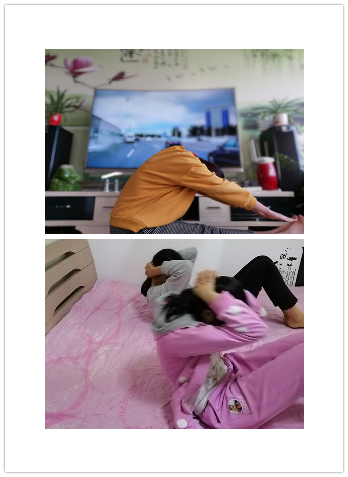 许佳同学做着拉伸运动,胡燕同学和妹妹做着仰卧起坐.